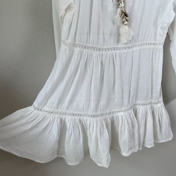 True Destinations Womens Medium White Beach Boho Tunic Dress Seashell Tassels - Picture 9 of 11